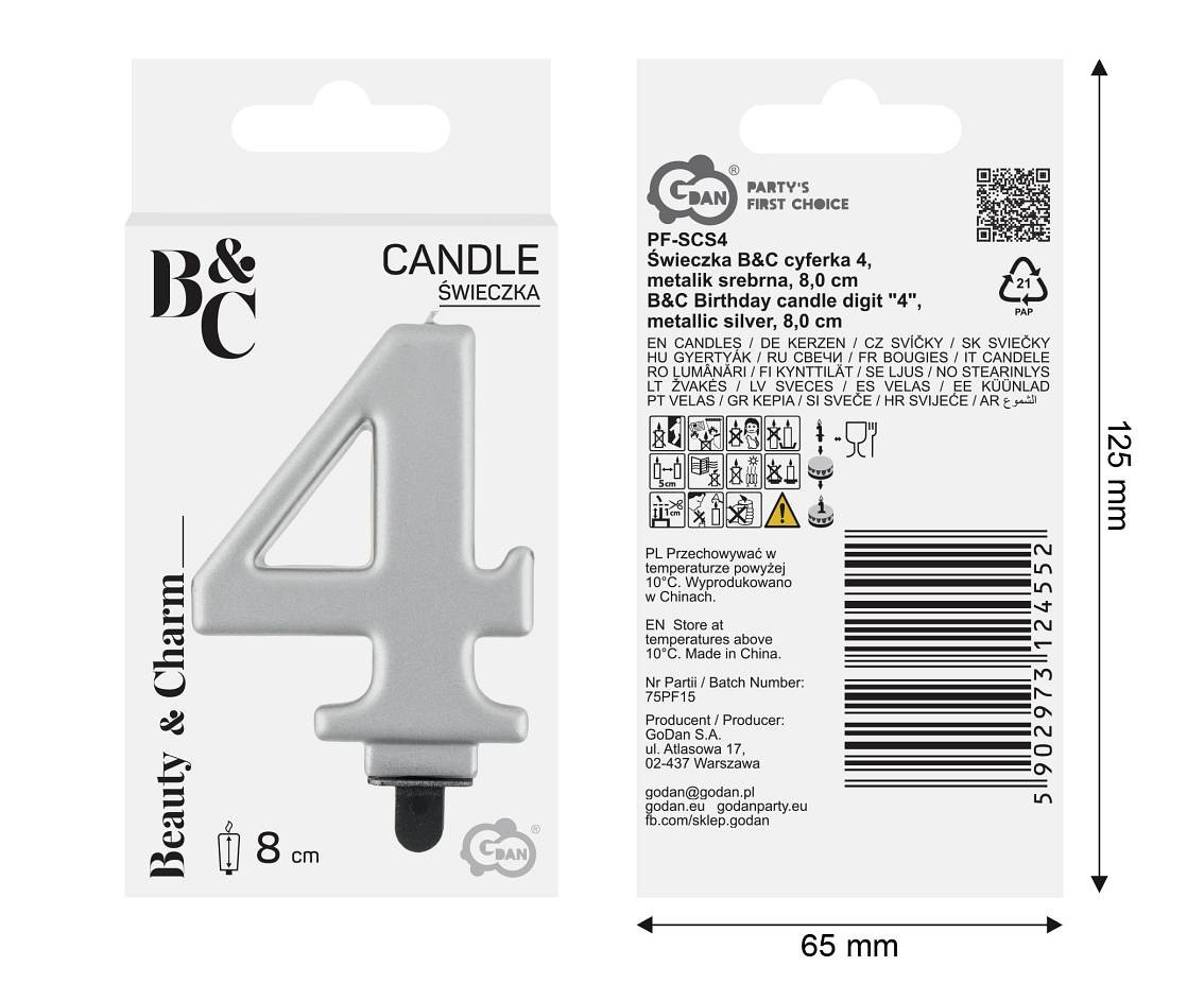 Birthday candle digit 4, metallic silver,  8 cm